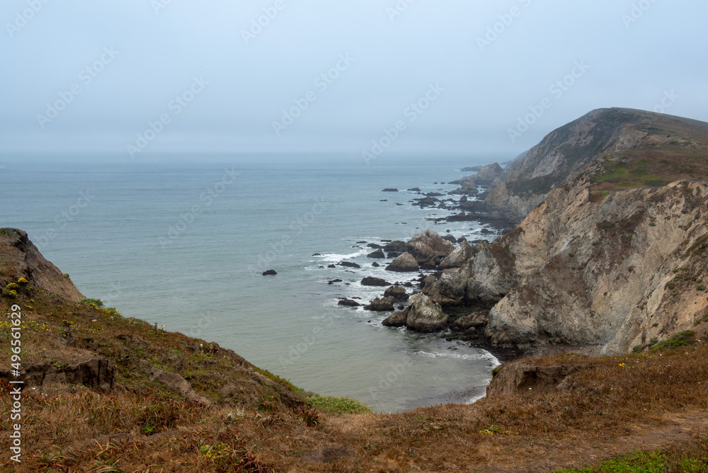Seascape view from the Chimney Rock Trail in Point Reyes National Seashore, Marin County, California, USA,  on a partly cloudy day at low tide, featuring  the rocky shoreline