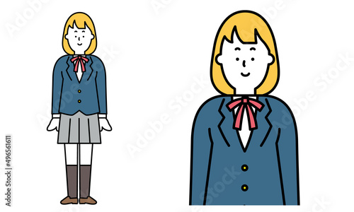 普通に立っている制服を着た女子高校生のイラスト素材。