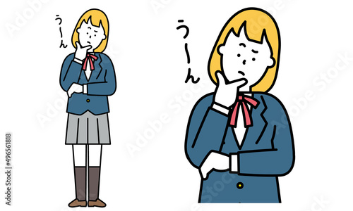 手を顎にあて考えている制服を着た女子高校生のイラスト素材。