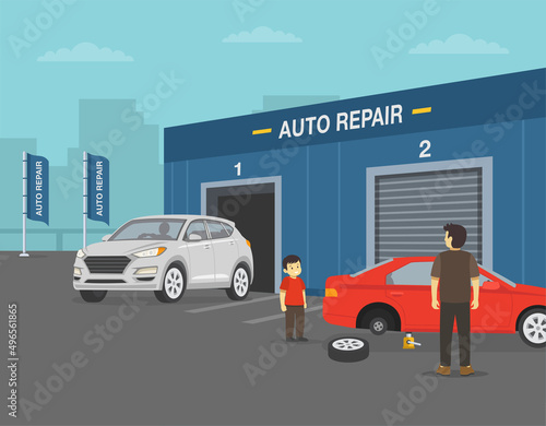 Car service and auto repair building. White suv car is leaving the auto service area. Boy is helping to his father to change flat tyre. Flat vector illustration template.