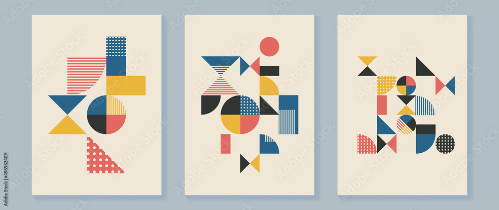 Set of abstract geometric wall art template. Minimal style banner with circle, square, polygon and dot pattern with colorful tone. Modern and vintage design perfect for interior, decor, wallpaper.