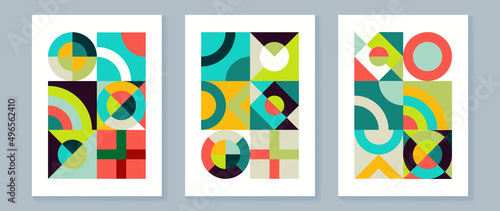 Set of abstract geometric wall art template. Minimal style banner with circle, square, polygon and dot pattern with colorful tone. Modern and vintage design perfect for interior, decor, wallpaper.