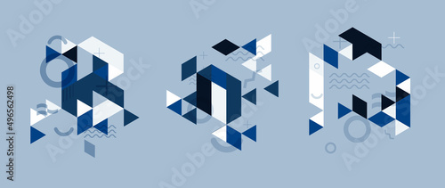 Set of abstract geometric pattern element. Collection of square, circle, triangle, polygon shape and line in colorful tone. Modern shape element on blue background for business, decor, prints, cover.