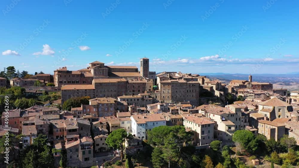 Village of Montepulciano with wonderful architecture and houses. A beautiful old town in Tuscany, Italy. Aerial view of the medieval town of Montepulciano, Italy