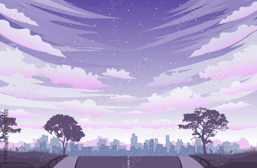 Japanese view panorama, vector, sunset. Flat anime style