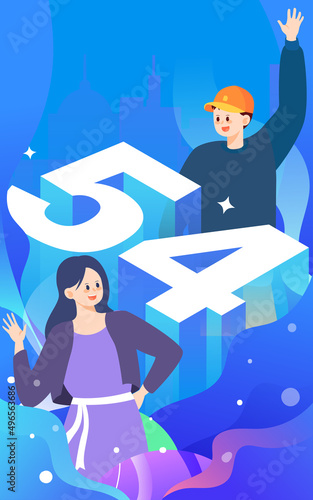 May 4th Youth Day, young people are saying hello with buildings in the background, vector illustration