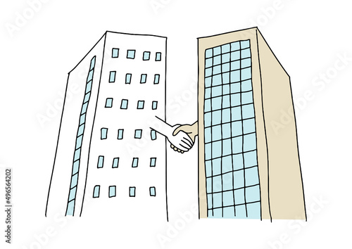 握手する企業　コミカルな手書き　ベクター、線画にカラー