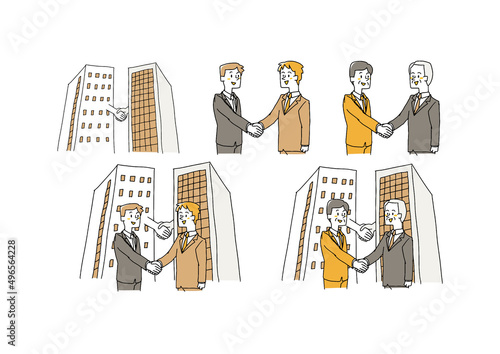 企業合併や会社の提携に関するイラストセット　コミカルな手書きの人物　ベクター、線画にカラー