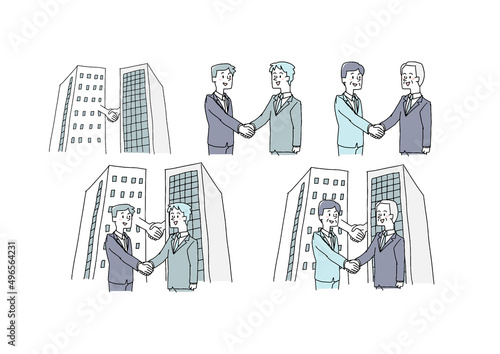 企業合併や会社の提携に関するイラストセット　コミカルな手書きの人物　ベクター、線画にカラー