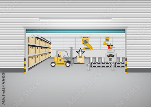 Vector of manufacturing production or food process industry consist of box, can, meat and automated machine i.e. conveyor belt, production line, robot inside factory plant. Include operator, forklift.