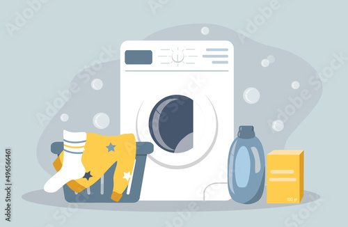 vector illustration in a flat style on the theme of laundry, washing. washing machine, laundry detergent and laundry basket