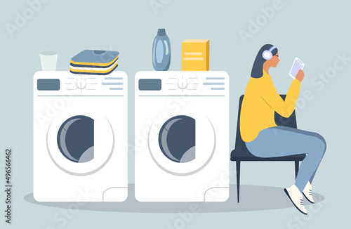 vector illustration in flat style on the theme of laundry, washing. Two washing machines and a young woman. waiting for her clothes to be washed