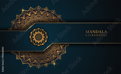 Ramadan Kareem in luxury style with golden mandala on dark blue background for Islamic events