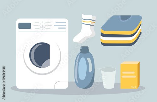 vector illustration in flat style. set of items on the theme of washing, laundry. washing machine, powder, fabric softener, stack of clothes