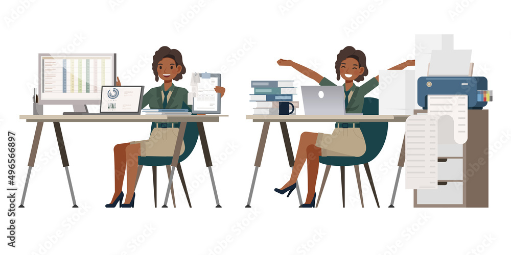 Fototapeta premium Set of Accountant woman wear green color suit character vector design. Presentation in various action. People working in office planning, thinking and economic analysis.