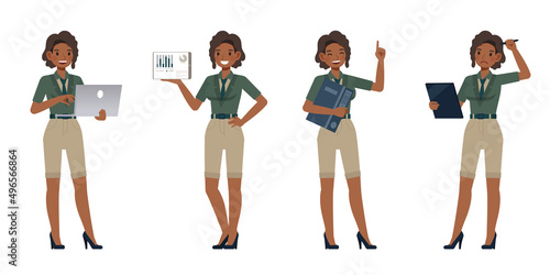 Set of Accountant woman wear green color suit character vector design. Presentation in various action. People working in office planning, thinking and economic analysis.