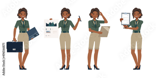 Set of Accountant woman wear green color suit character vector design. Presentation in various action. People working in office planning, thinking and economic analysis.