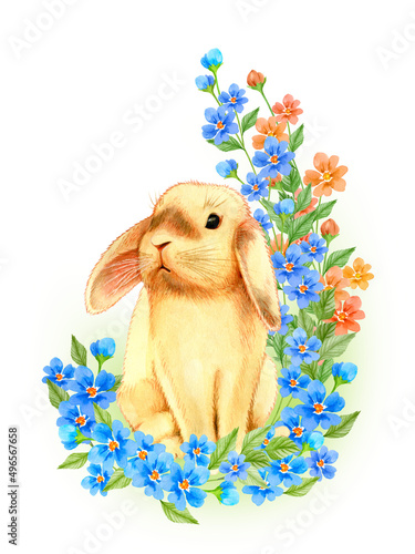 Watercolor illustration of a cute rabbit and wildflowers for your design. Perfect for Happy Easter, Birthday, Spring, Mother's Day