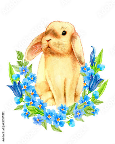 Cute bunny with flowers. Watercolor illustration for your design. Perfect for Happy Easter, Birthday, Spring, Mother's Day