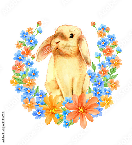 Watercolor vintage wreath with flowers and a cute bunny. Perfect for Happy Easter, Birthday, Mother's Day