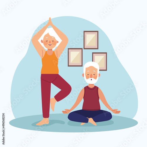 elderly couple practicing yoga