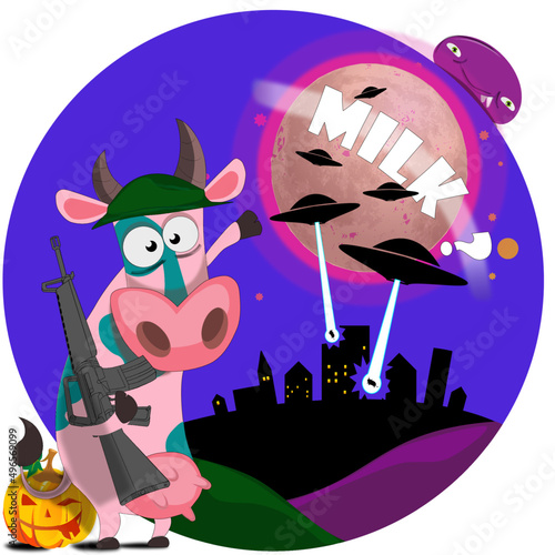"Cow Milk UFO attack".. After so many attacks on the great herds, the cow soldiers have finally decided to rise up and protect the earth from the milk hungry alien invaders from deep within the moon.