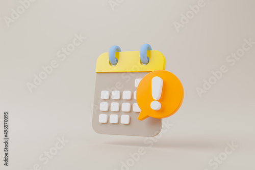 Notification icon and calendar deadline on brown background. 3d rendering illustration