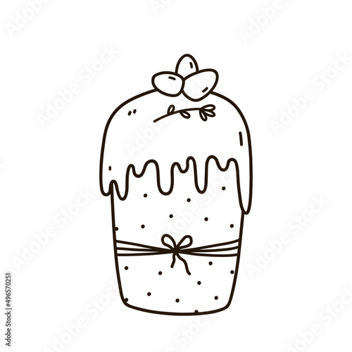 Festive decorated Easter cake isolated on white background. Vector hand-drawn illustration in doodle style. Perfect for holiday designs, cards, logo, decorations, invitations.