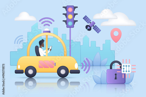 Autonomous driverless car with sensors on city road. Automatic vehicle with digital selfdriving system, passenger in autopilot automobile flat vector illustration. Future technology, IOT concept