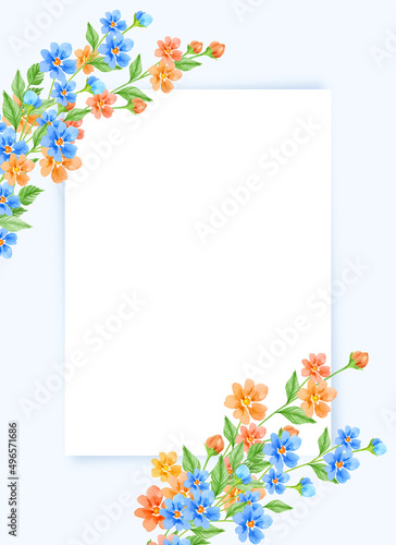 Watercolor illustration with wildflowers with space for text. Perfect for invitations, greeting cards, posters. Easter, Birthday, Spring, Mother's Day