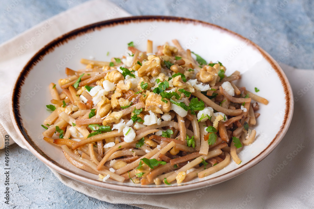Turkish Noodle - Eriste with cheese, walnuts and parsley.