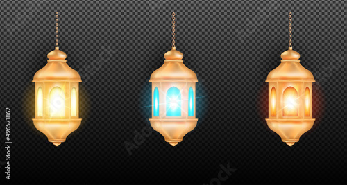 3d gold islamic lampion latern colorfull lamp collection set isolated object for ramadan or islamic day Premium Vector