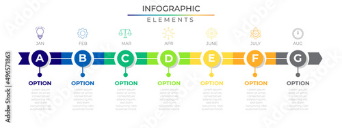 Horizontal row timeline infographic elements plan concept design vector with icons and arrow elements. Seven annual process network project template for presentation and report.
