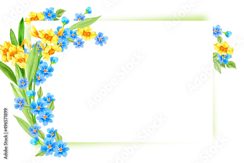 Greeting card, invitation card templates, poster, banner with space for text. Watercolor illustration with spring flowers. Perfect for Happy Easter, Mother's Day, Spring