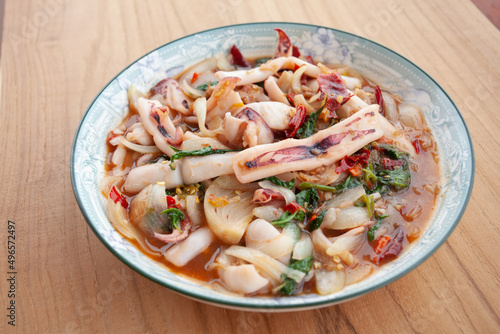 Street Food In Thailand, Stir Fried Squid with Basil