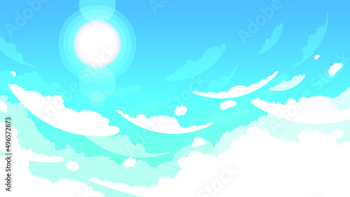 Abstract Sky Blue Gradient Background With Clouds And Sun Vector Nature Design Style