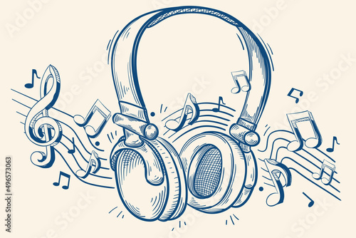 Music design - monochrome hand drawn musical headphones with clef and notes