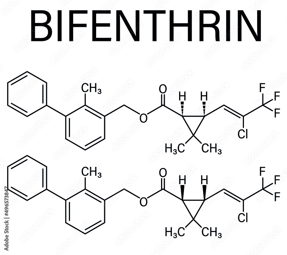 Bifenthrin insecticide molecule (pyrethroid class). Skeletal formula. Bifenthrin insecticide molecule (pyrethroid class). Skeletal formula.