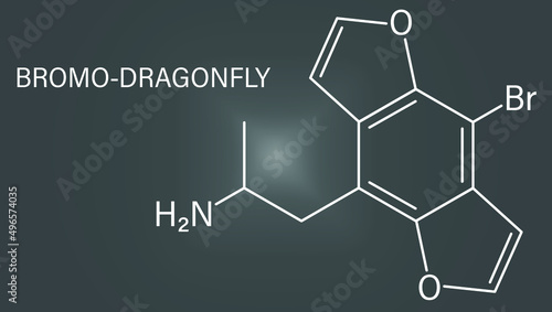 Bromo-dragonFLY hallucinogenic drug molecule. Skeletal formula.