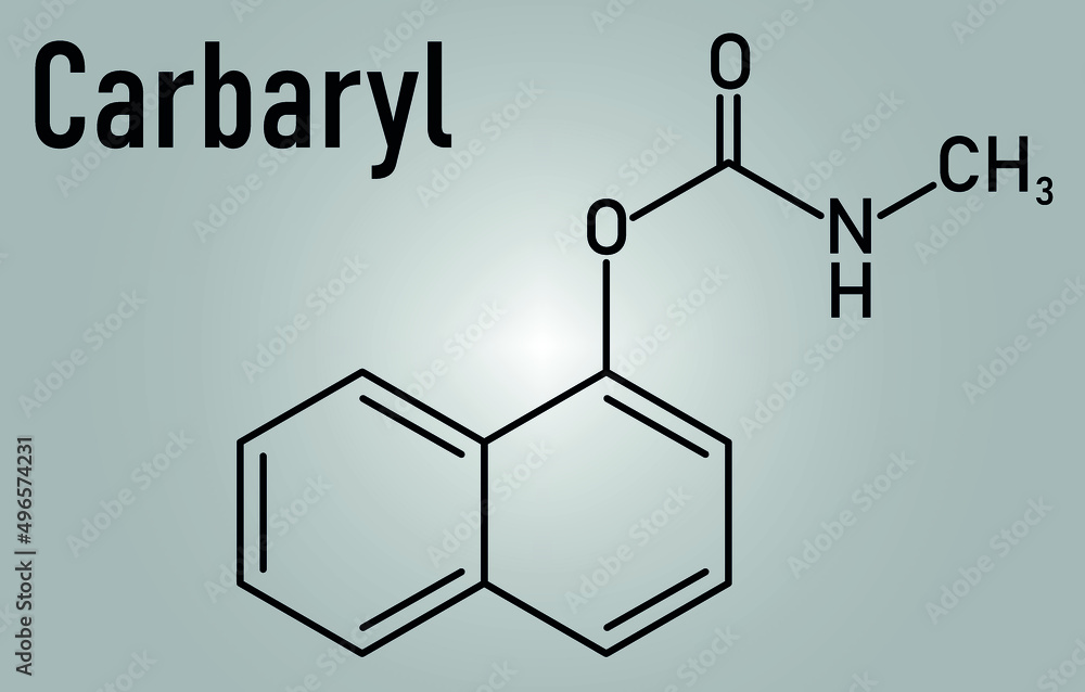 Carbaryl (carbaril) insecticide molecule (carbamate class). Skeletal formula. Carbaryl (carbaril) insecticide molecule (carbamate class). Skeletal formula.