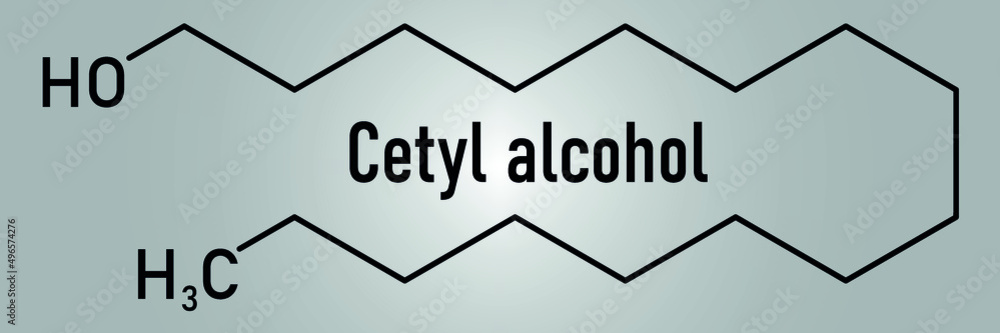 Cetyl (or palmityl) alcohol molecule. Constituent of cetostearyl alcohol (cetearyl alcohol, cetylstearyl alcohol). Skeletal formula. Cetyl (or palmityl) alcohol molecule. Constituent of cetostearyl alcohol (cetearyl alcohol, cetylstearyl alcohol). Skeletal formula.