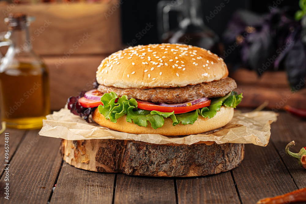 custom made wallpaper toronto digitalFresh appetizing burger on the wooden background