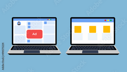 Online ads showing on websites concept. Ad pop-up design in websites or applications on a laptop. Online shop advertising, sale discount promotion, internet fraud, scam ads concept vector.