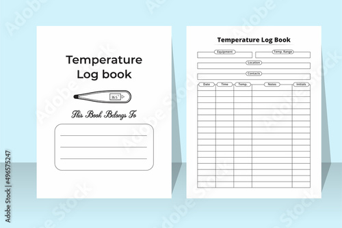 Temperature KDP interior log book with a thermometer. Patient body heat tracker and medication planner journal. KDP interior of a notebook. Fever temperature tracker and patient information logbook.