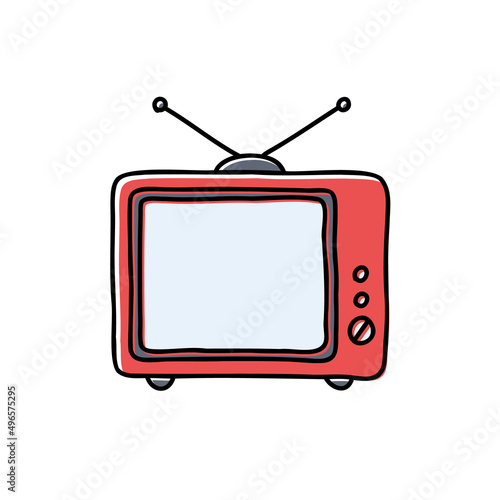 Hand drawn stylish vintage red tv with antenna isolated on white background