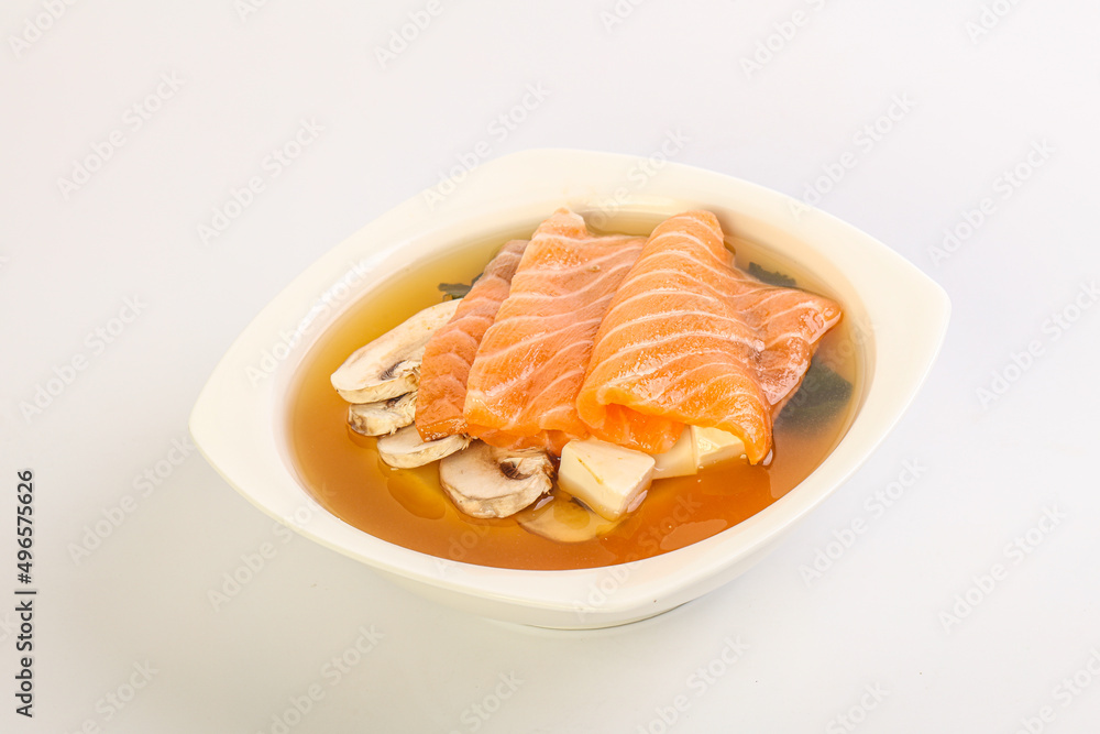 Japanese traditional miso soup with salmon