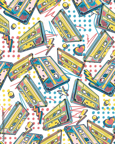Colorful drawn audio cassettes decorative seamless pattern