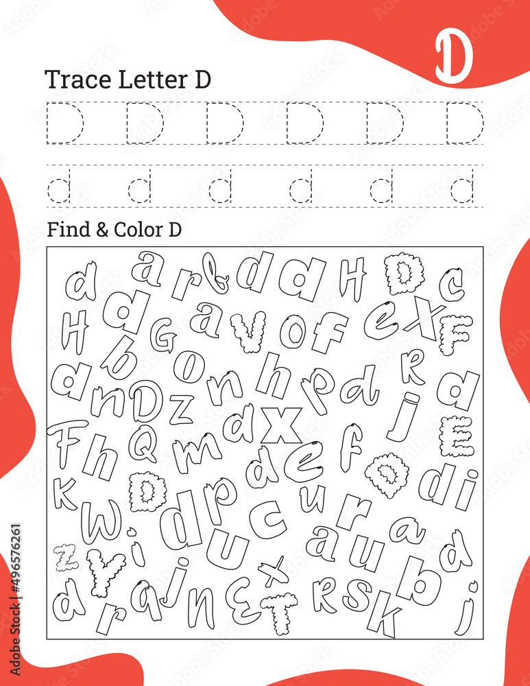 English alphabet letter D tracing line printable worksheet with cute ...