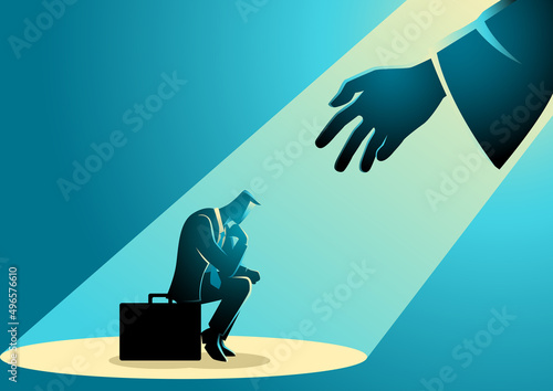 Businessman sitting on suitcase sadly and hand reaching him from the light