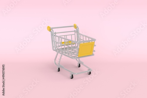 Minimal empty top view mini shopping cart or trolley shopping on pink background, concept shopping in supermarket. 3D rendering